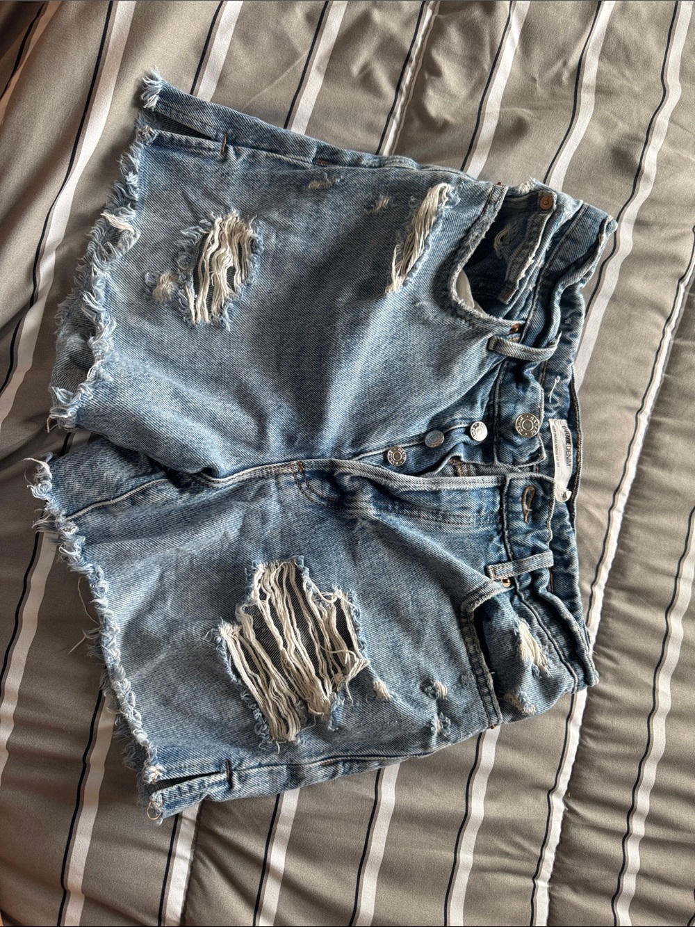 GARAGE Distressed High-Waist Denim Shorts - Light Blue